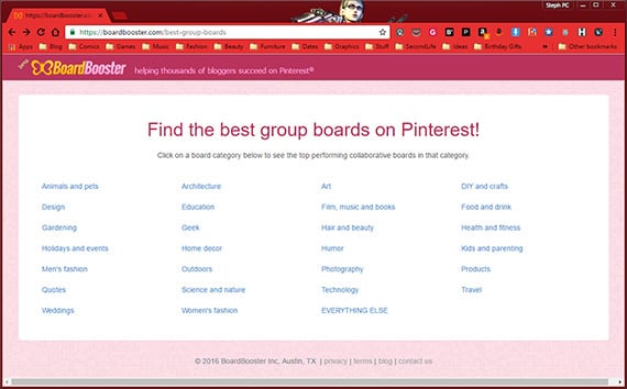 Pinterest group boards categories on BoardBooster