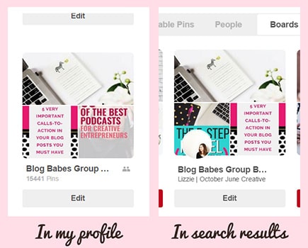 Group boards in a profile vs in Pinterest search